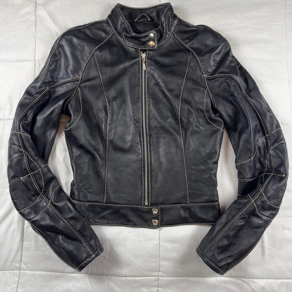 Bebe Y2K Black Leather Moto Jacket Contrast Stitch Biker - Picture 4 of 7